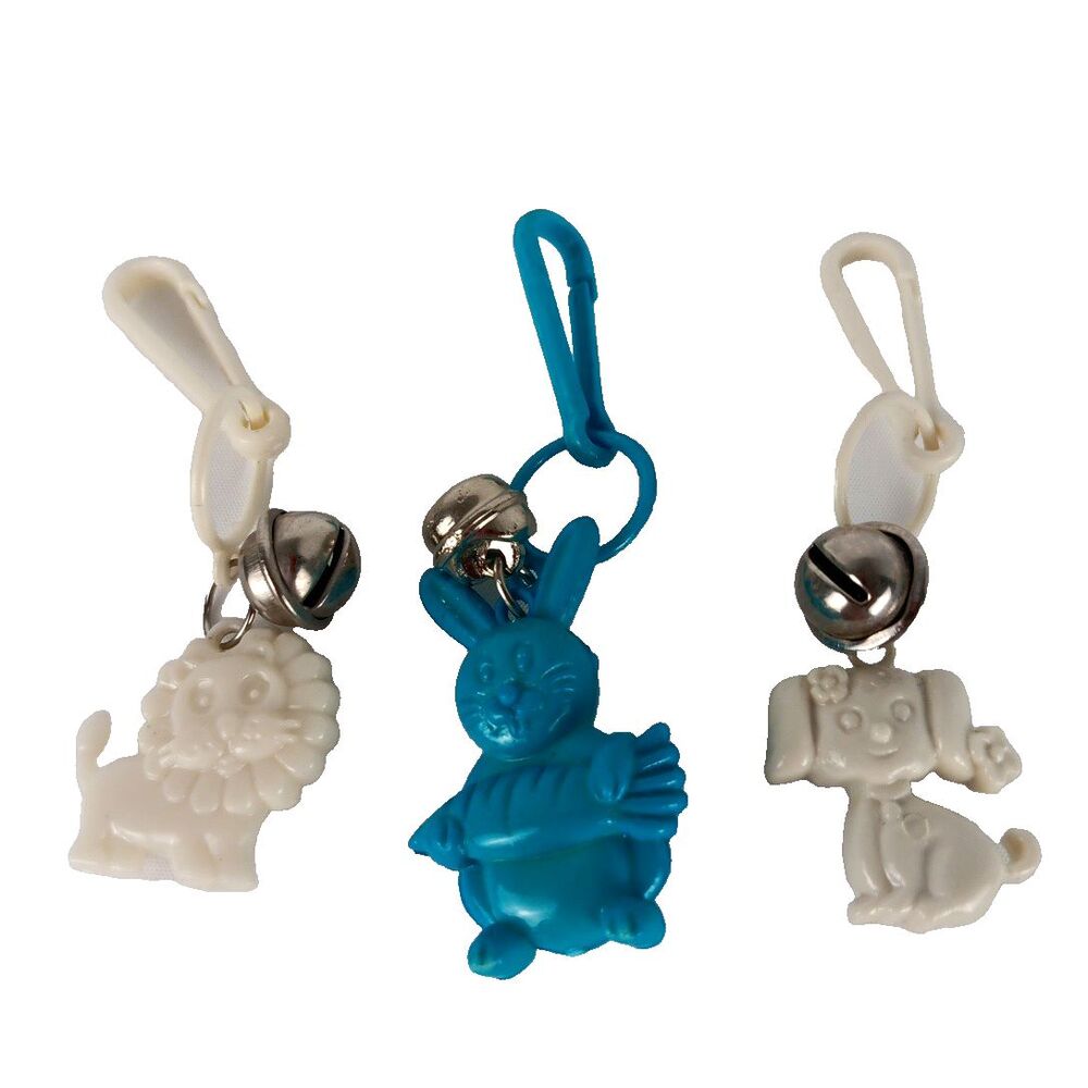 1980s Bell Charms Lion Rabbit Puppy White and Blue Lot Loose Played With Toys